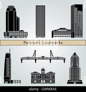 Portland landmarks and monuments isolated on blue background in editable vector file Stock Photo