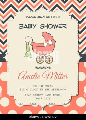 Beautiful baby girl shower card with stroller Stock Vector
