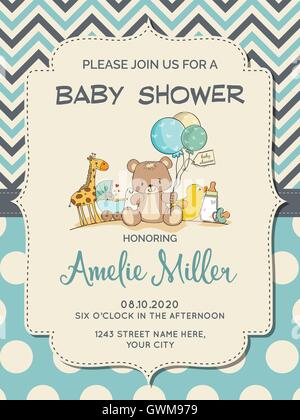 Beautiful baby boy shower card with toys Stock Vector