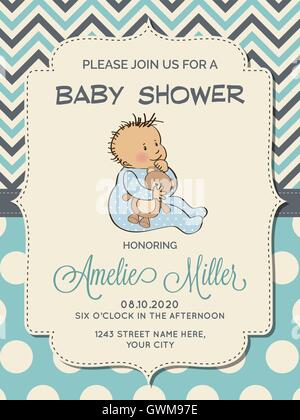 Beautiful baby boy shower card with little baby Stock Vector