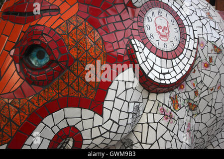 mosaic elephant sculpture by artist, Milan, 80 special designed elephants sold at a Christie's auction, 'Elephant Parade' Stock Photo