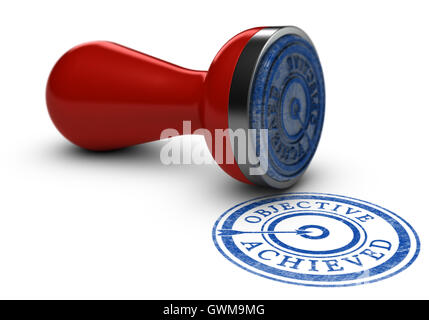 3D illustration of a rubber stamp where it is written objective achieved over white background. Concept of training results Stock Photo