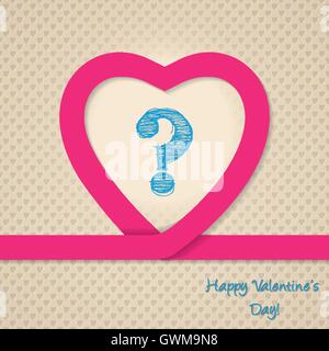 Pink heart valentine greeting card with scribbled question mark Stock Vector