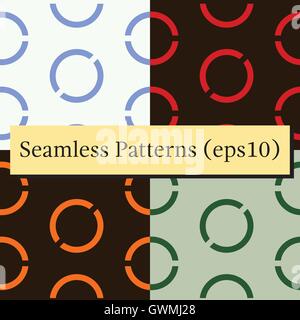Seamless geometric background pattern set with round elements. Vector background. Green and blue and red and orange and black. Stock Vector
