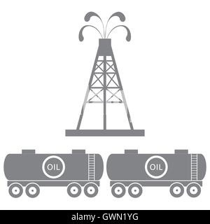 Stylized icon of the equipment for oil production and tanks with oil on a white background Stock Vector