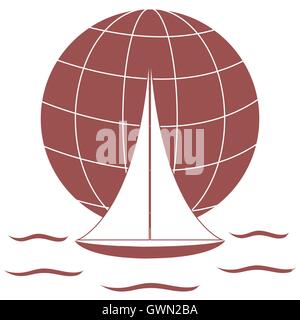 Stylized icon of a colored yacht, sailing over the waves on a globe on a white background Stock Vector