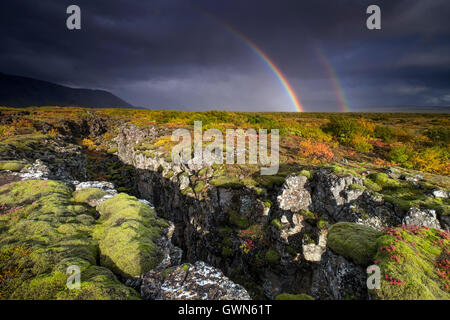 Rainbow and Rainstorm over Volcanic Landscape & Tectonic Plate Fissure, Thingvellir National Park, South Western Iceland Stock Photo