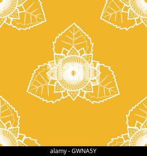 Geometrical sunflower with three leaves, outline seamless pattern Stock Vector
