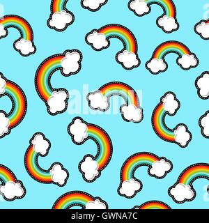 Seamless pattern with rainbow icon in cloud sky, cute cartoon illustration background. EPS10 vector. Stock Vector