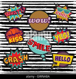 Set of retro pop art designs with cartoon text and speech bubbles, ideal for embroidery patches or stickers. EPS10 vector. Stock Vector