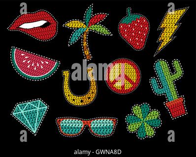 Set of fashion patch icons with sequin texture in pop art cartoon style, trendy summer nature designs. EPS10 vector. Stock Vector