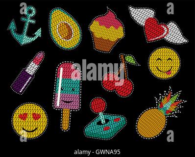 Set of cute fashion patch icons with sequin texture in pop art cartoon style. EPS10 vector. Stock Vector