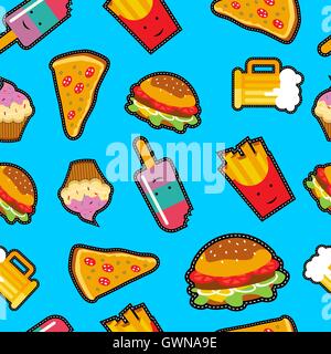 Seamless pattern with vibrant color cartoon fast food patches. Includes pizza, beer, burger and more. EPS10 vector. Stock Vector