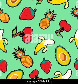 Vibrant color seamless pattern with cartoon fruit icons. Summer illustration background. EPS10 vector. Stock Vector