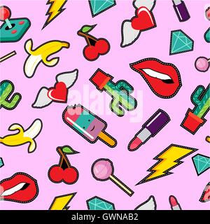 Cute seamless pattern with retro embroidery patch designs in colorful pop art style. EPS10 vector. Stock Vector
