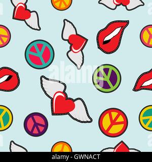 Peace and love seamless pattern with cute cartoon elements, hippie pop art illustrations. EPS10 vector. Stock Vector