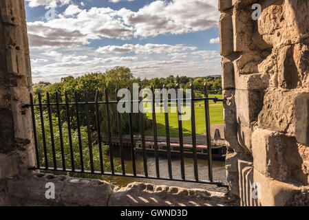 Newark on Trent view of river from the castle window up high vast blue sky and green park summer time Stock Photo