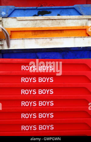 Roys Boys stack of red plastic fish crates in fishing port, Hastings, East Sussex, England Stock Photo