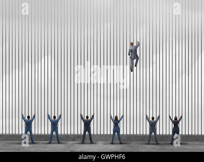 Obstacle to opportunity concept as a group of people as businessmen and businesswomen locked behind prison bars with one individual smart business leader using clever innovative thinking to climb the jail to freedom with 3D illustration elements. Stock Photo