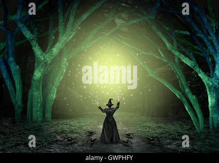 Magical witch casting a magic spell in a scary dark mystery forest as a wicked sorcerer creating a glittering green glow as a halloween background with text space with 3D illustration elements. Stock Photo