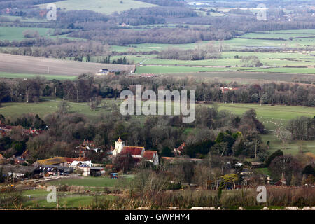 Aerial view of Firle village and church in winter, South Downs National Park, East Sussex, England, UK Stock Photo