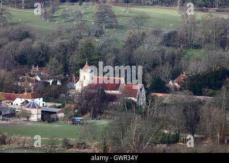 Aerial view of Firle village and church in winter , South Downs National Park, East Sussex, England, UK Stock Photo
