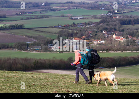 Women walking dog near Firle Beacon, Firle village and church in background, South Downs National Park, East Sussex, England Stock Photo