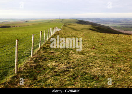 Fence near Firle Beacon, South Downs National Park, East Sussex, England, UK Stock Photo