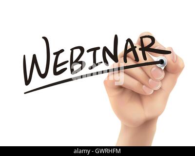 Webinar written by hand, 3D illustration realistic hand writing on transparent board Stock Vector