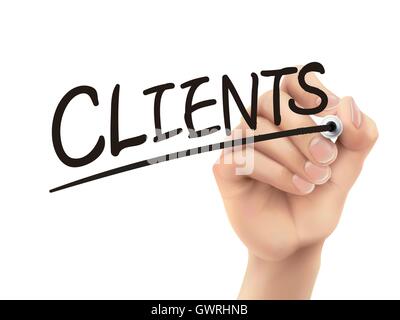 Clients written by hand, 3D illustration realistic hand writing on transparent board Stock Vector