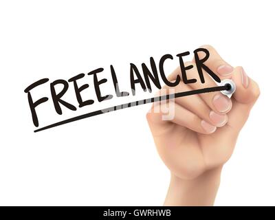 Freelancer written by hand, 3D illustration realistic hand writing on transparent board Stock Vector