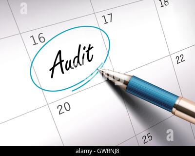 audit word circle marked on a calendar by a blue ballpoint pen. 3D illustration Stock Vector