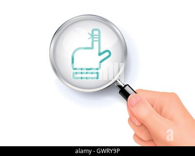 Injured finger icon sign showing through by magnifying glass held by hand. 3D illustration. Stock Vector