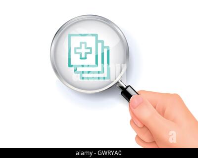 Medical record icon showing through by magnifying glass held by hand. 3D illustration. Stock Vector