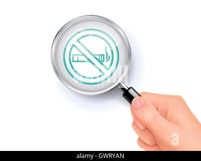 No smoking icon sign showing through by magnifying glass held by hand. 3D illustration. Stock Vector