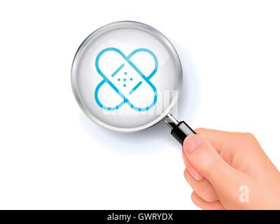 Bandage icon sign showing through by magnifying glass held by hand. 3D illustration. Stock Vector