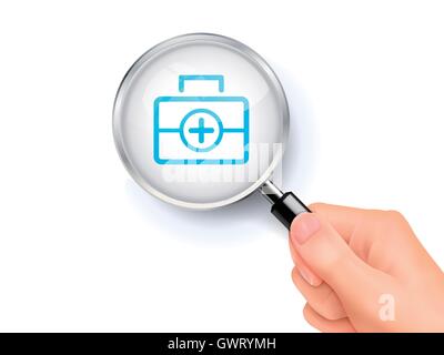 First aid kit icon sign showing through by magnifying glass held by hand. 3D illustration. Stock Vector