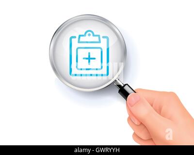 Medical record icon showing through by magnifying glass held by hand. 3D illustration. Stock Vector