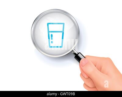 Water glass icon sign showing through by magnifying glass held by hand. 3D illustration. Stock Vector