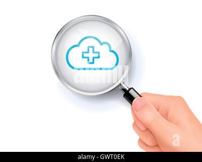 Medical cloud icon sign showing through by magnifying glass held by hand. 3D illustration. Stock Vector