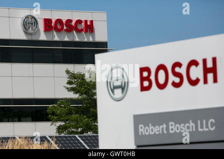 Bosch logo company sign on the wall. Bosch is a German multinational ...