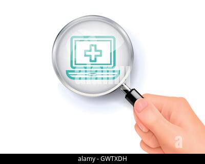 Medical record icon sign showing through by magnifying glass held by hand. 3D illustration. Stock Vector
