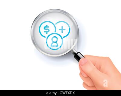 Medical health icon sign showing through by magnifying glass held by hand. 3D illustration. Stock Vector