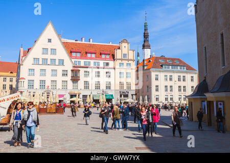 Tallinn, Estonia - May 2, 2016: Raekoja plats. Central Town Hall Square of old Tallinn with walking tourists Stock Photo