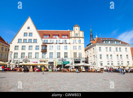 Tallinn, Estonia - May 2, 2016: Tourists and citizens are on Town Hall square in old Tallinn Stock Photo