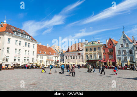 Tallinn, Estonia - May 2, 2016: Tourists and citizens walking on Town Hall square in old Tallinn Stock Photo