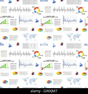 Different flat graphics and diagrams, infographic elements on white, business seamless pattern Stock Vector
