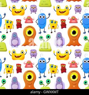 Crowd of cute monsters different colours on white background, seamless pattern Stock Vector
