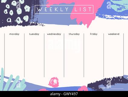 Printable weekly planner template design decorated with hand drawn colorful brush strokes in fuchsia, pastel green, lavender and Stock Vector
