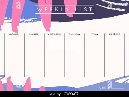 Printable weekly planner template design decorated with hand drawn colorful brush strokes in fuchsia, lavender and dark purple. Stock Vector